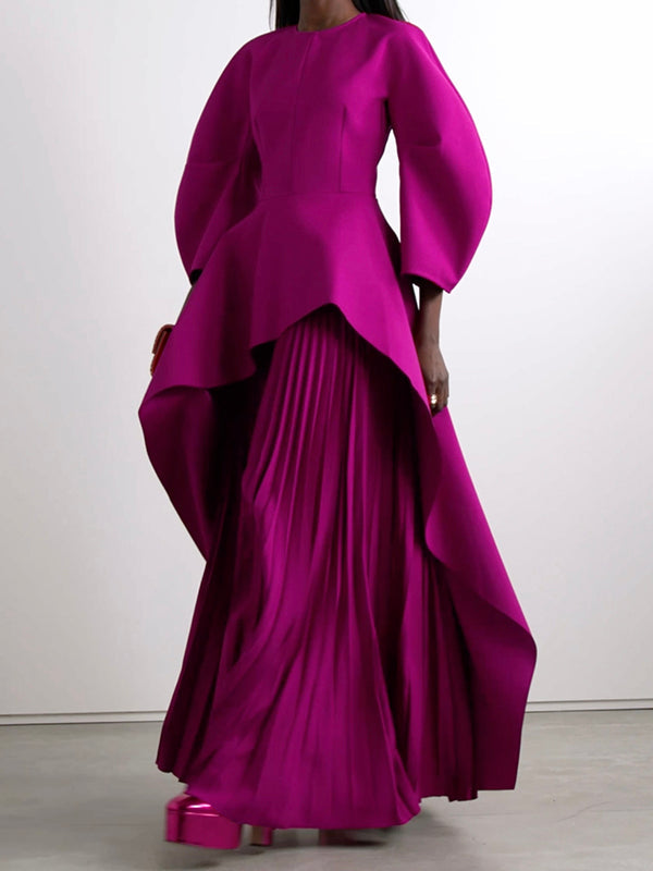 Maxi Dress with Long Sleeves, Loose Fit, Pleated Design, Solid Color, Split-Joint, and Tiered Round Neck