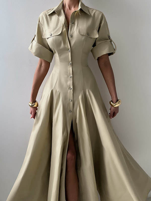 Maxi Shirt Dress with Short Sleeves, Button Closure, and Solid Color Lapel