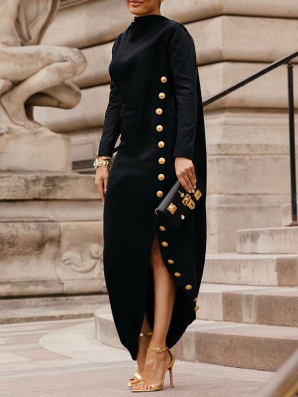 Long Sleeve Asymmetric Button-Up Mock Neck Maxi Dress with Side Slits