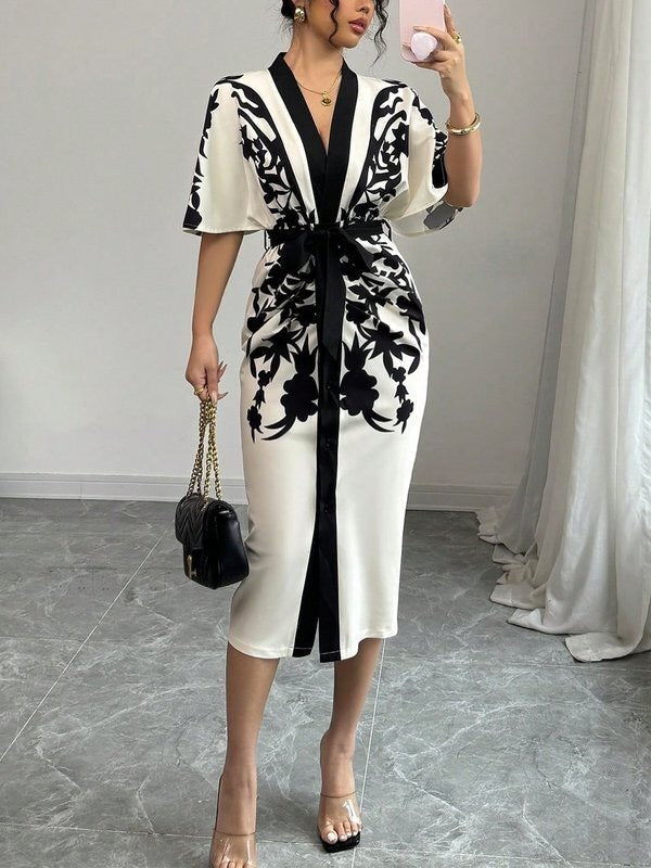 V-Neck Midi Dress with Half Sleeves and Floral Print, Featuring a Tied Waist