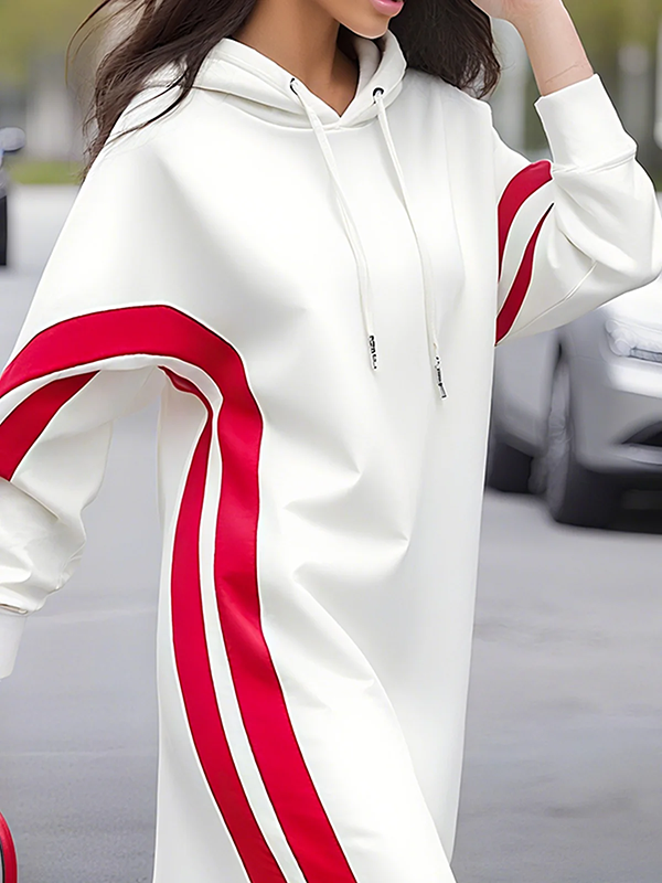 Long Sleeves Loose Drawstring Striped Hooded Hoodies Tops Maxi Dresses