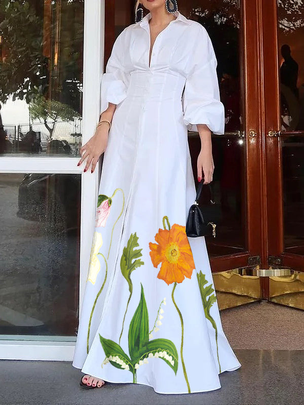 A-Line High Waisted Buttoned Flower Print Lapel Maxi Dresses Shirt Dress