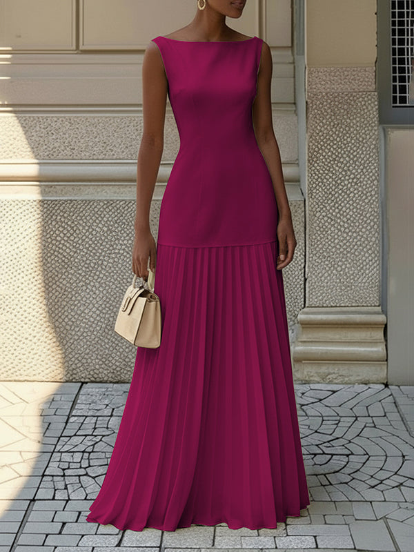 Sleeveless Pleated Gauze Maxi Dress with Boat Neck and Split Joint Design