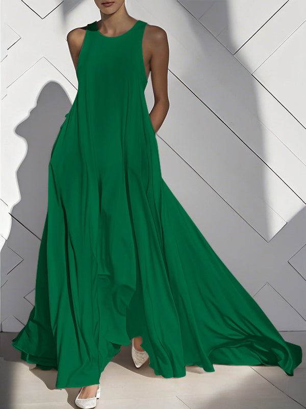 Loose Sleeveless Pockets Solid Color Split-Joint Round-Neck Maxi Dresses