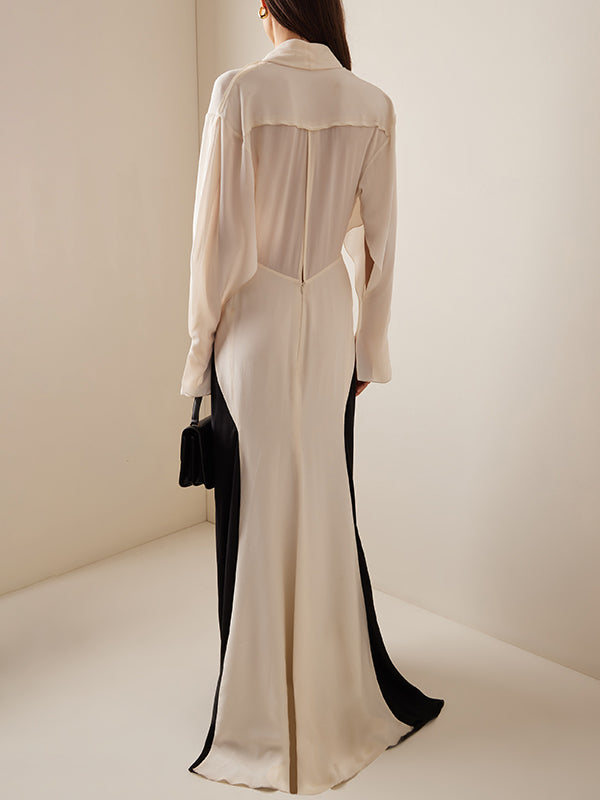 V-Neck Evening Maxi Dress with Long Sleeves and Contrast Color Design