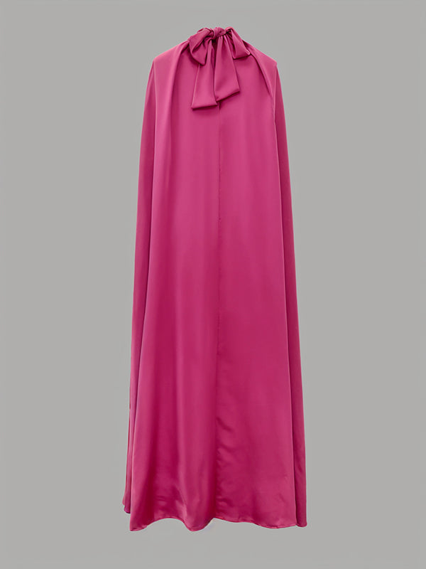 Simple Batwing Sleeves Lace-Up Solid Color High-Neck Midi Dresses