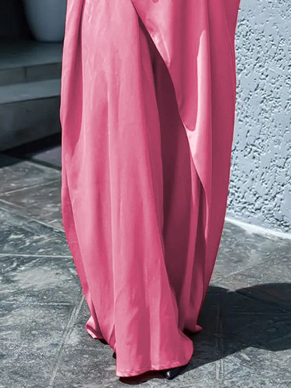 Asymmetric Pleated V-Neck Maxi Dress Shirt with Loose Short Sleeves and Solid Color Design