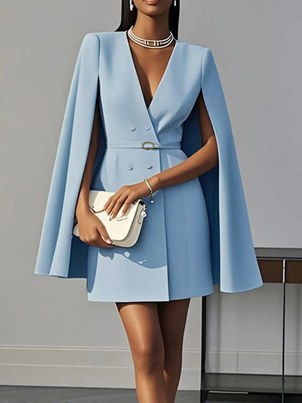 Cape Split-Joint Tied Waist V-Neck Mini Dresses