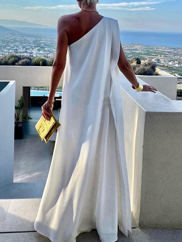 Asymmetrical Solid Color One-Shoulder Maxi Dress with Split Detail