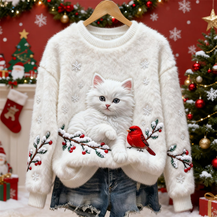 Tilly™ | Christmas Cat & Bird Art Women's Flannel Sweater