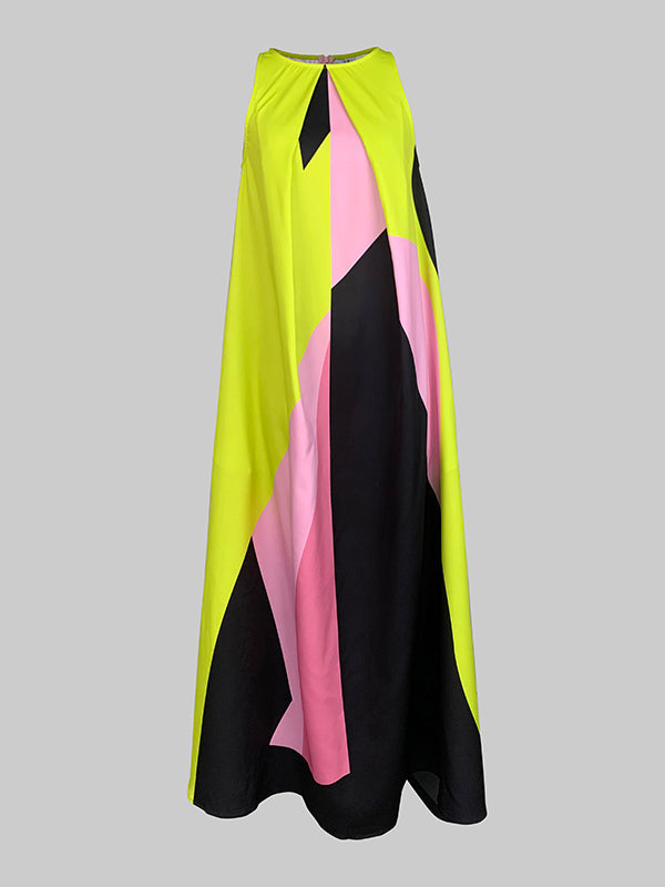 Color-Block A-Line Maxi Dress with Pleated Split-Joint and Round Neck