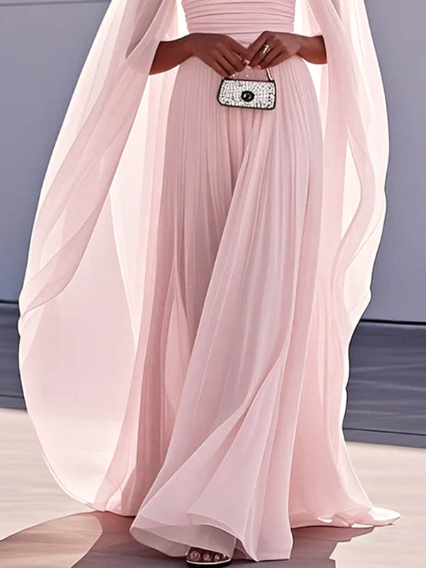 Cape Gauze Pleated Split-Joint Square-Neck Evening Dresses Maxi Dresses