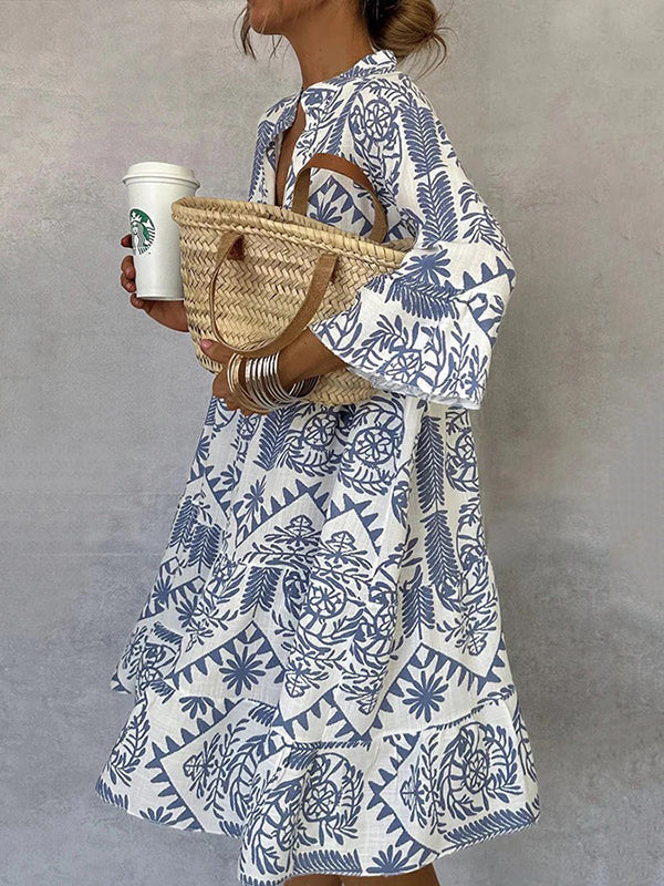 Loose Three-Quarter Sleeves Falbala Printed V-Neck Midi Dresses