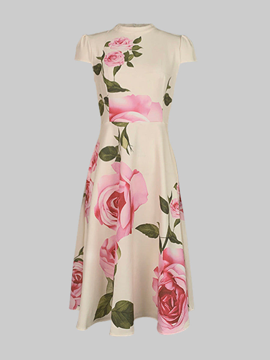 Short Sleeve Floral Print Midi Dress with Stand Collar