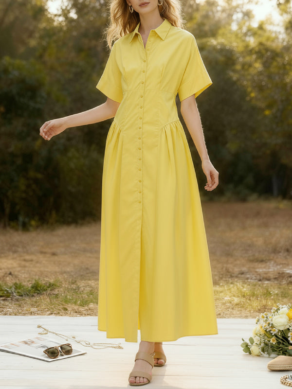 Button-Up Midi Shirt Dress with Loose Short Sleeves, Pleated Design, and Lapel Collar in Solid Color