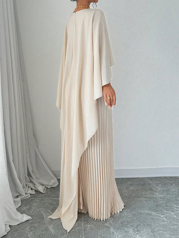 Maxi Evening Dress with Cape, High-Low Pleats, Solid Color, and Split Joint Round Neck