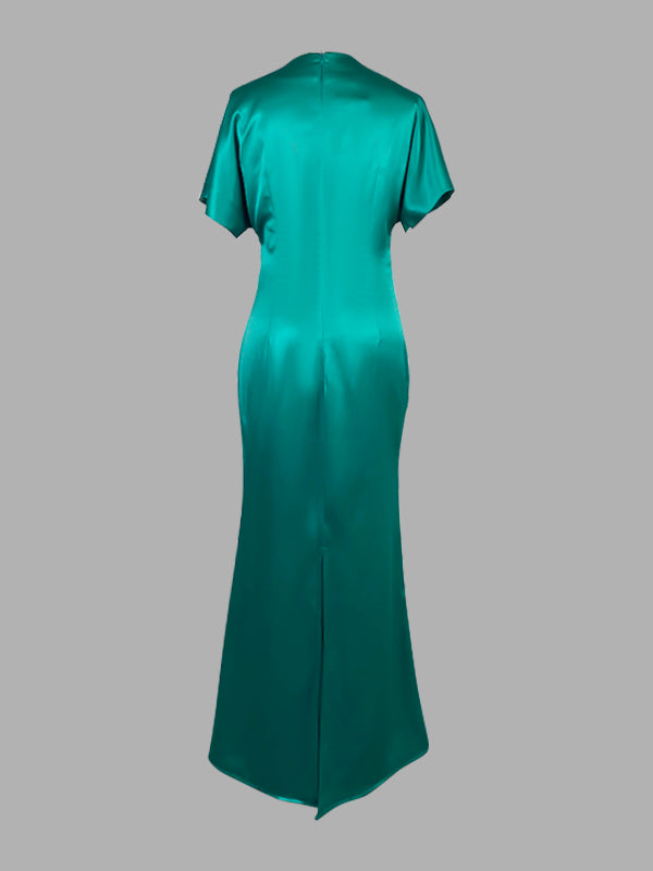 Flowy Solid Color Maxi Dress with Short Loose Sleeves and Pleated Design