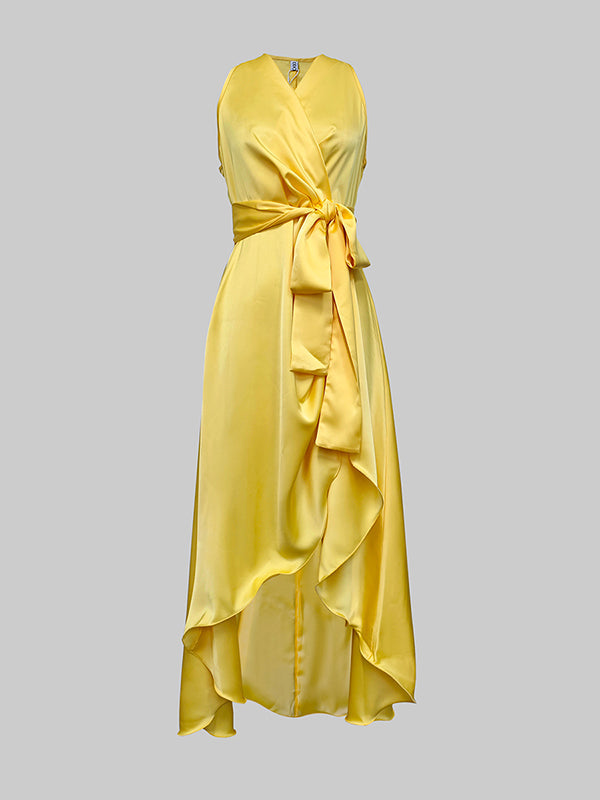 V-Neck Maxi Dress with High-Low Hem, Loose Fit, Ruffle Trim, and Tied Waist in Solid Colors
