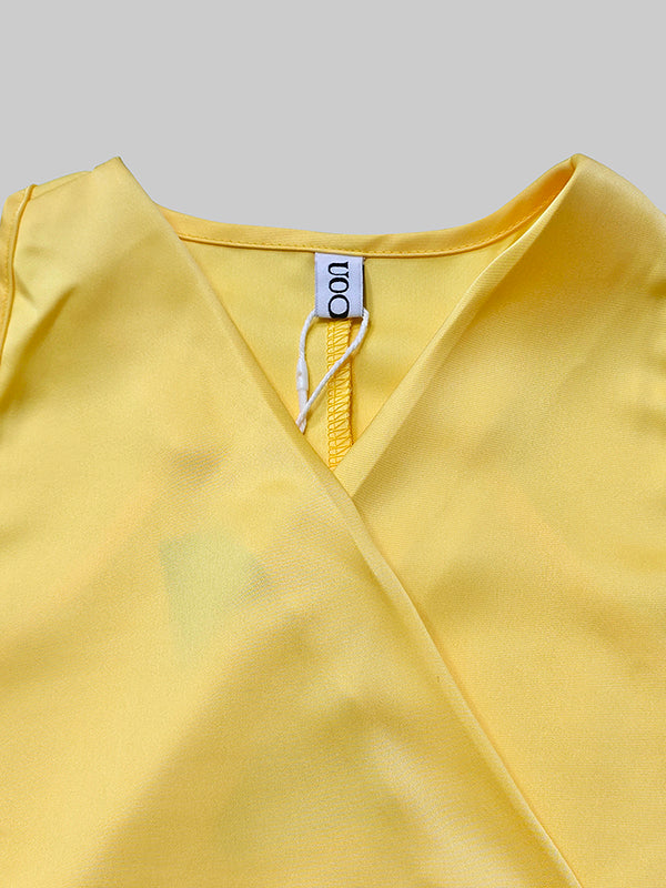 V-Neck Maxi Dress with High-Low Hem, Loose Fit, Ruffle Trim, and Tied Waist in Solid Colors