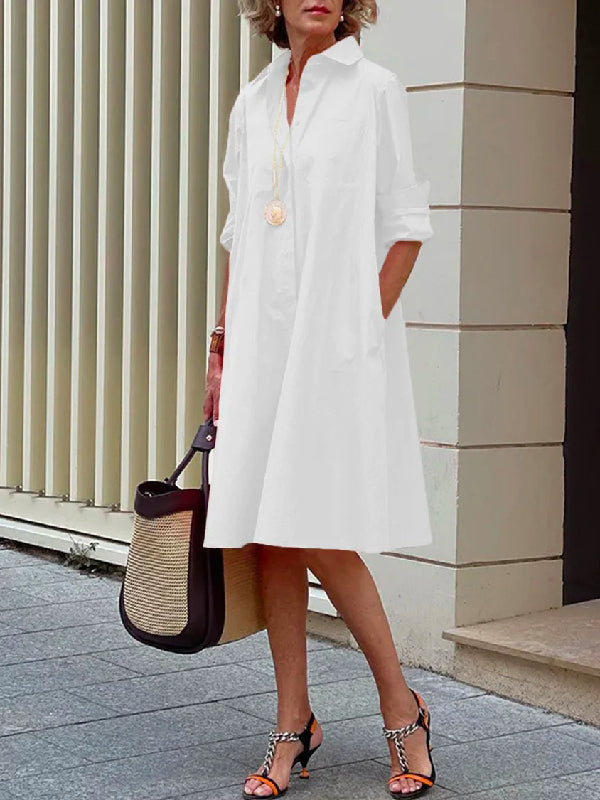 Classic Midi Dress with Long Sleeves and Lapel in Solid Color