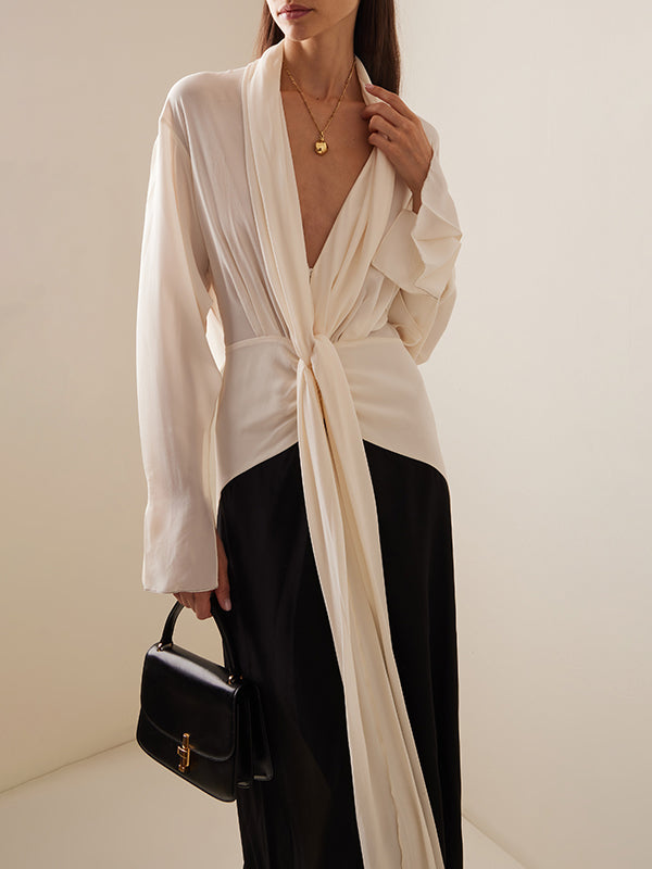 V-Neck Evening Maxi Dress with Long Sleeves and Contrast Color Design