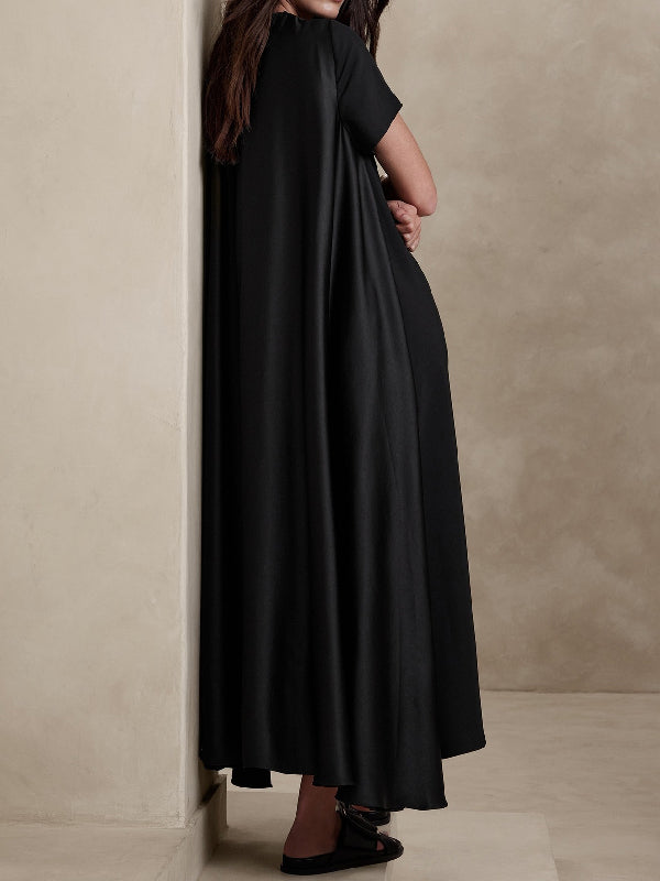 Loose Short Sleeves Pockets Solid Color Round-Neck Maxi Dresses