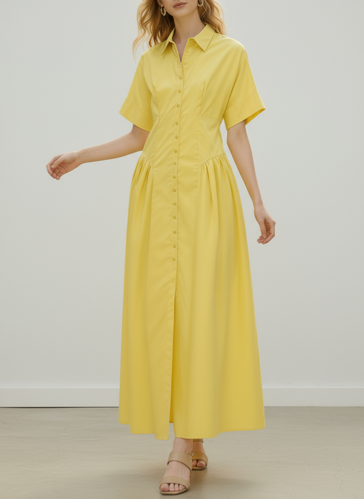 Button-Up Midi Shirt Dress with Loose Short Sleeves, Pleated Design, and Lapel Collar in Solid Color