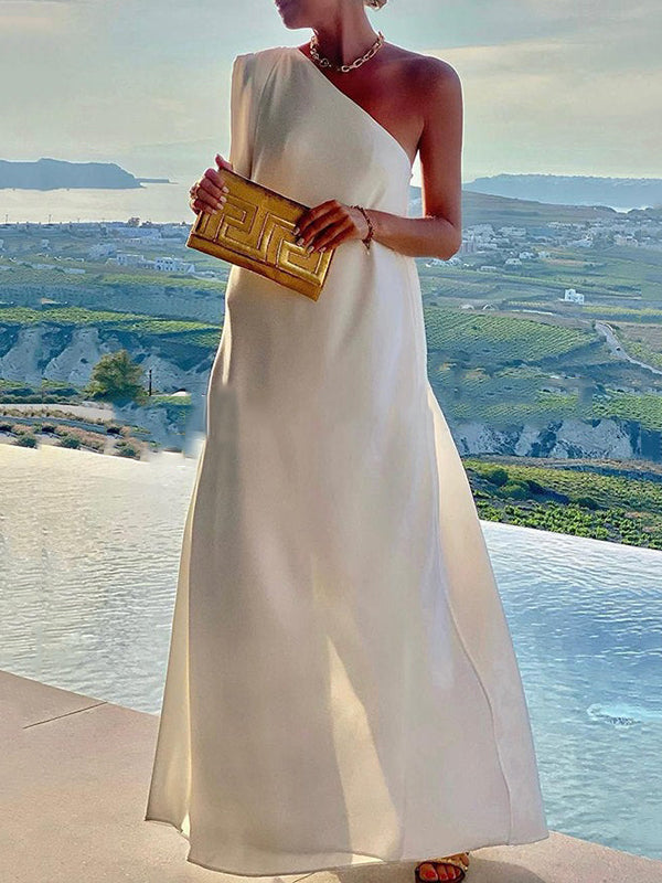 Asymmetrical Solid Color One-Shoulder Maxi Dress with Split Detail