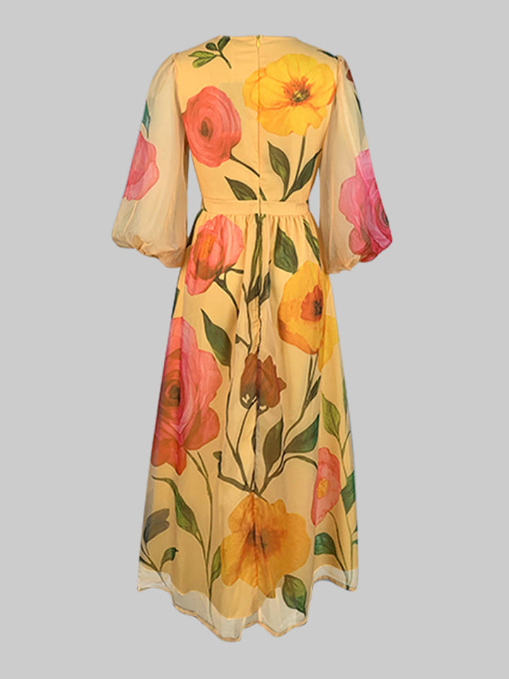Loose Puff Sleeves Flower Print See-Through Round-Neck Midi Dresses
