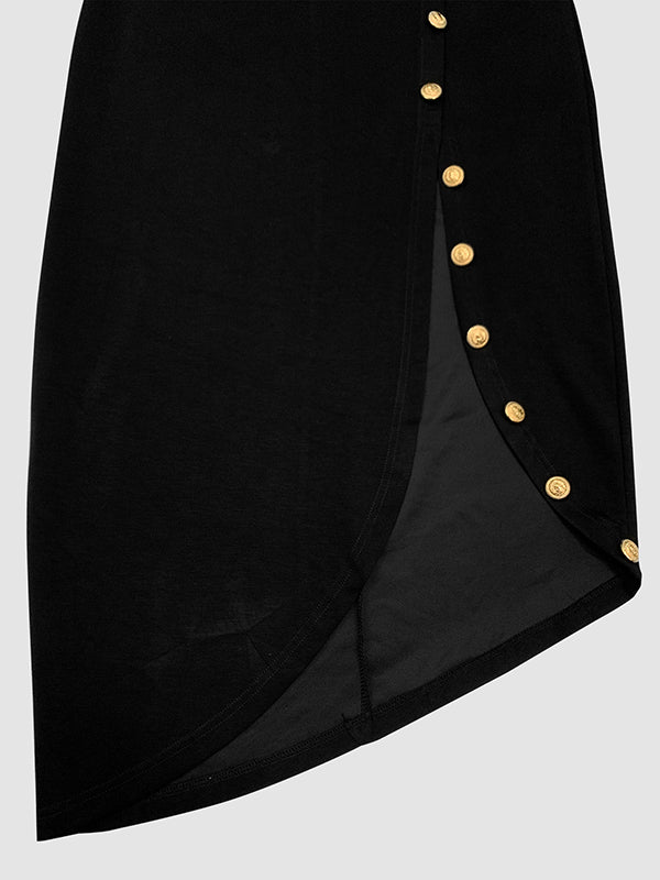 Long Sleeve Asymmetric Button-Up Mock Neck Maxi Dress with Side Slits