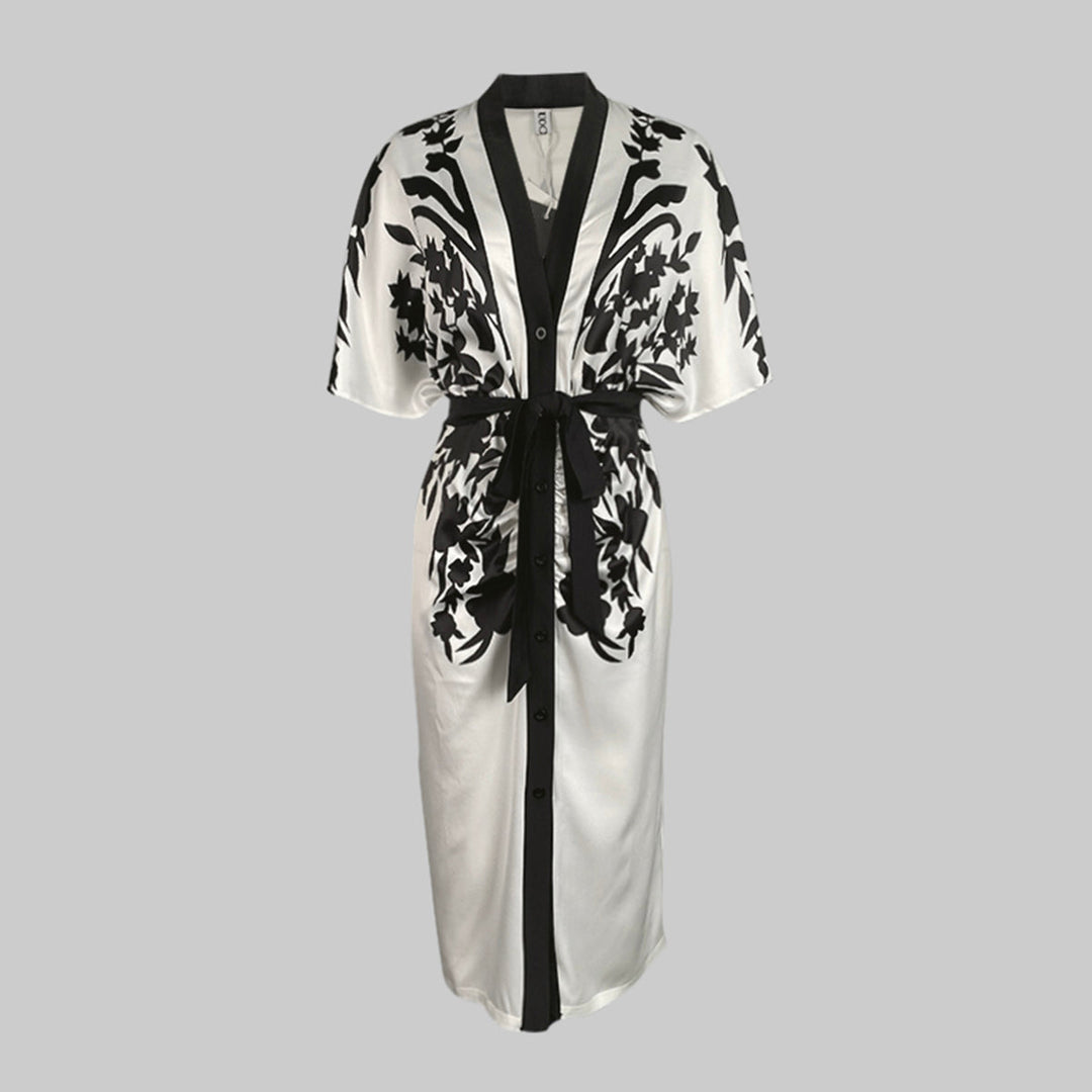 V-Neck Midi Dress with Half Sleeves and Floral Print, Featuring a Tied Waist