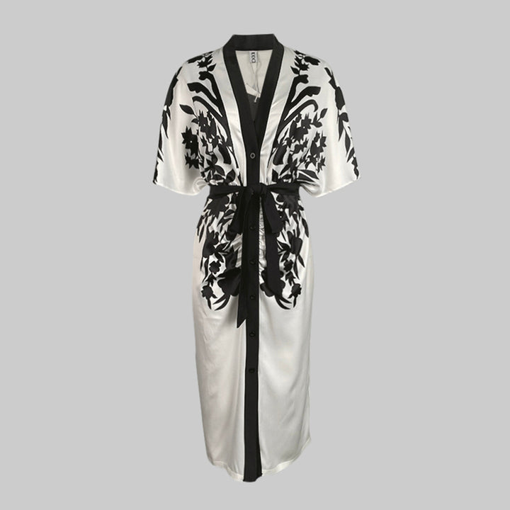 V-Neck Midi Dress with Half Sleeves and Floral Print, Featuring a Tied Waist