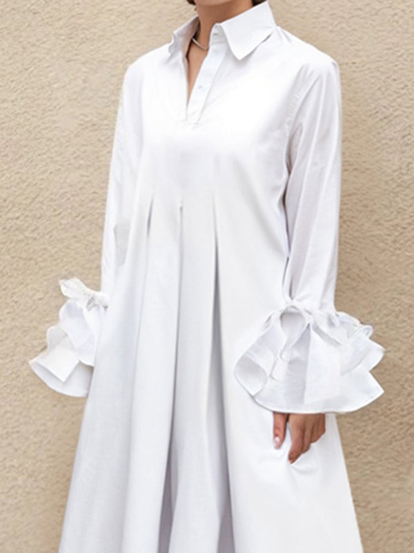 Maxi Shirt Dress with Flared Sleeves, Pleated Design, and Split-Joint Lapel in Solid Color