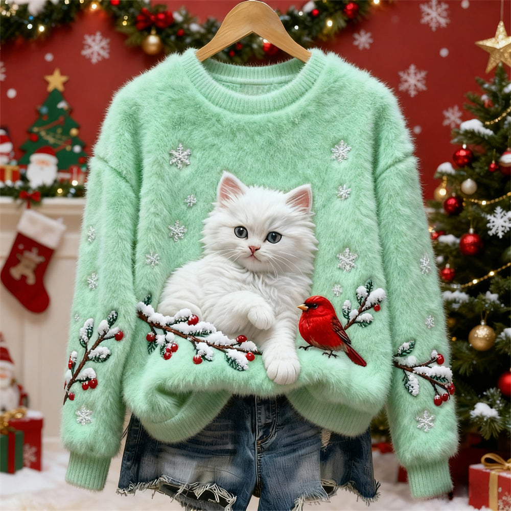 Tilly™ | Christmas Cat & Bird Art Women's Flannel Sweater