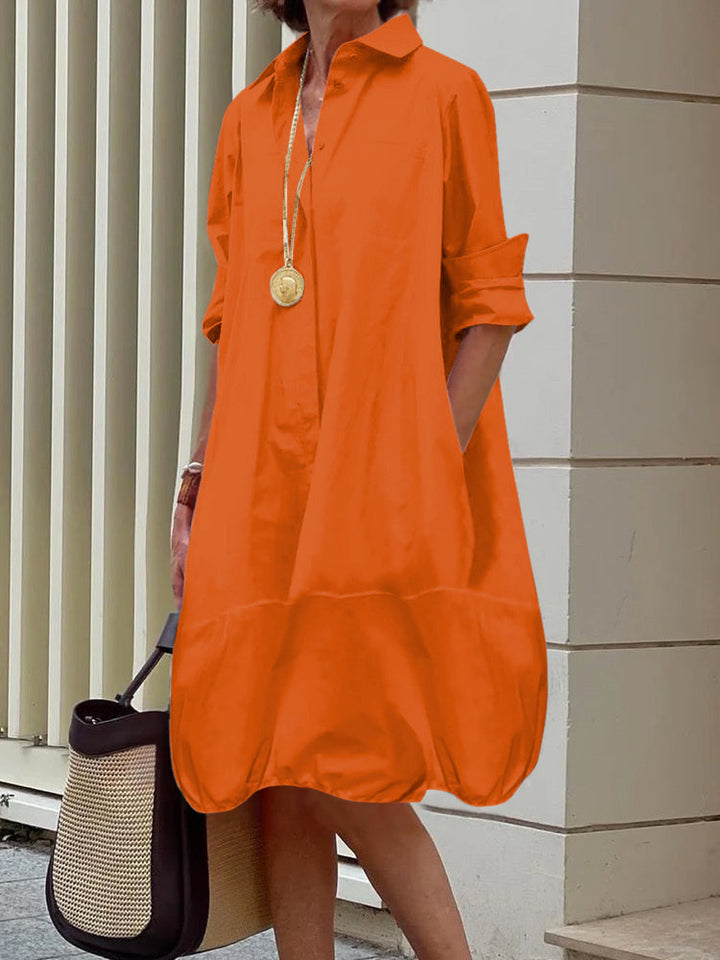 Midi Shirt Dress with Long Sleeves and Lapel Collar in Solid Color