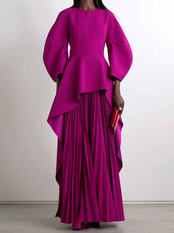 Maxi Dress with Long Sleeves, Loose Fit, Pleated Design, Solid Color, Split-Joint, and Tiered Round Neck