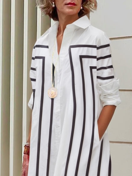 Half Sleeves Loose Buttoned Striped Lapel Midi Dresses Shirt Dress