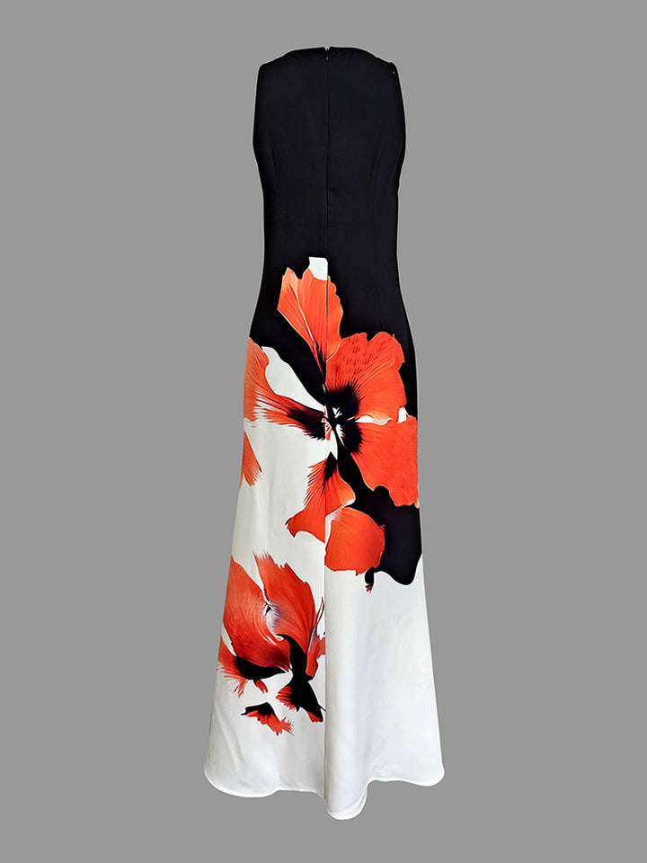 Floral Print Sleeveless Maxi Dress with Round Neck
