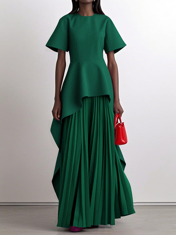 High-Waisted A-Line Maxi Dress with Pleats and Split Joint Round Neck