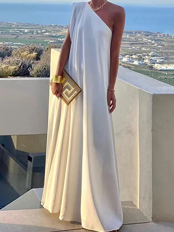 Asymmetrical Solid Color One-Shoulder Maxi Dress with Split Detail