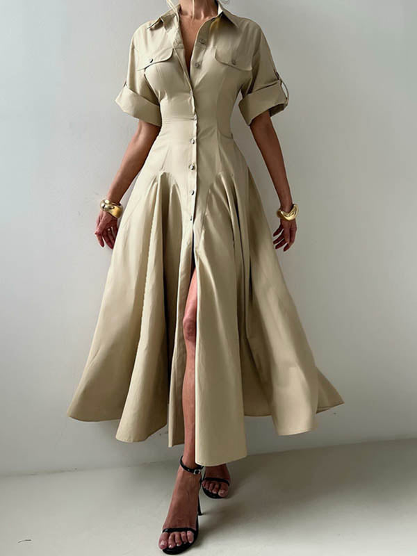 Maxi Shirt Dress with Short Sleeves, Button Closure, and Solid Color Lapel