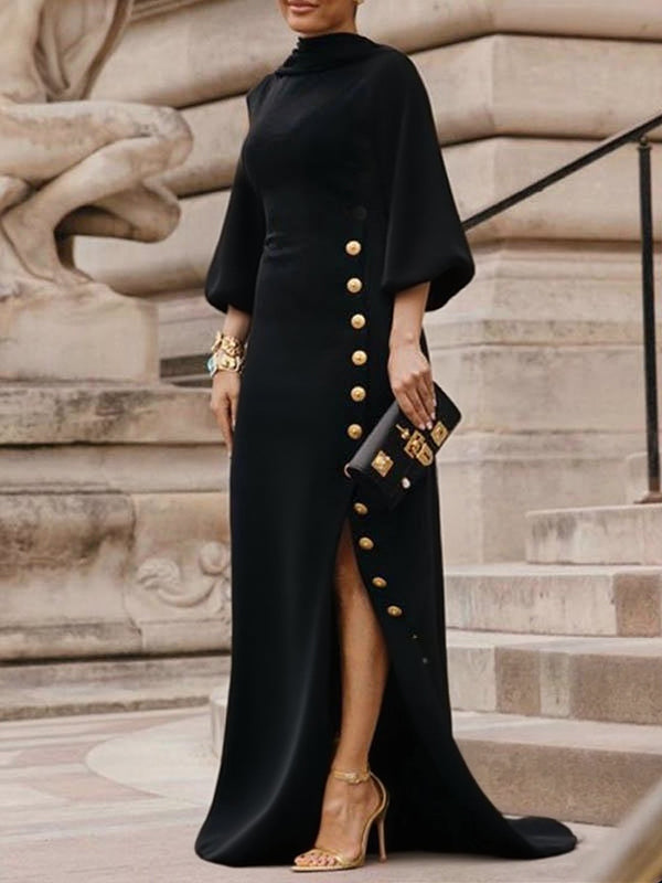 Maxi Dress with Loose Puff Sleeves, Button Detail, and Split-Side Mock Neck