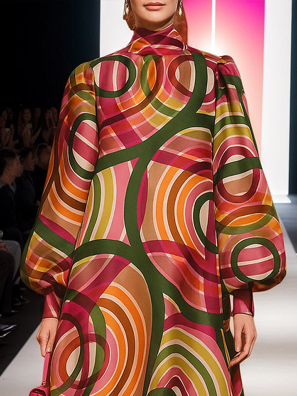 A-Line Long Sleeves Contrast Color High Neck Midi Dresses