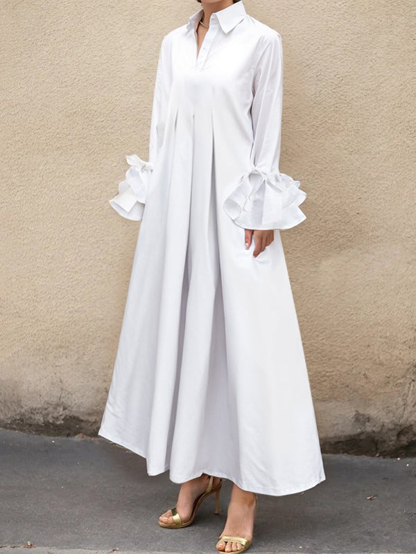 Maxi Shirt Dress with Flared Sleeves, Pleated Design, and Split-Joint Lapel in Solid Color