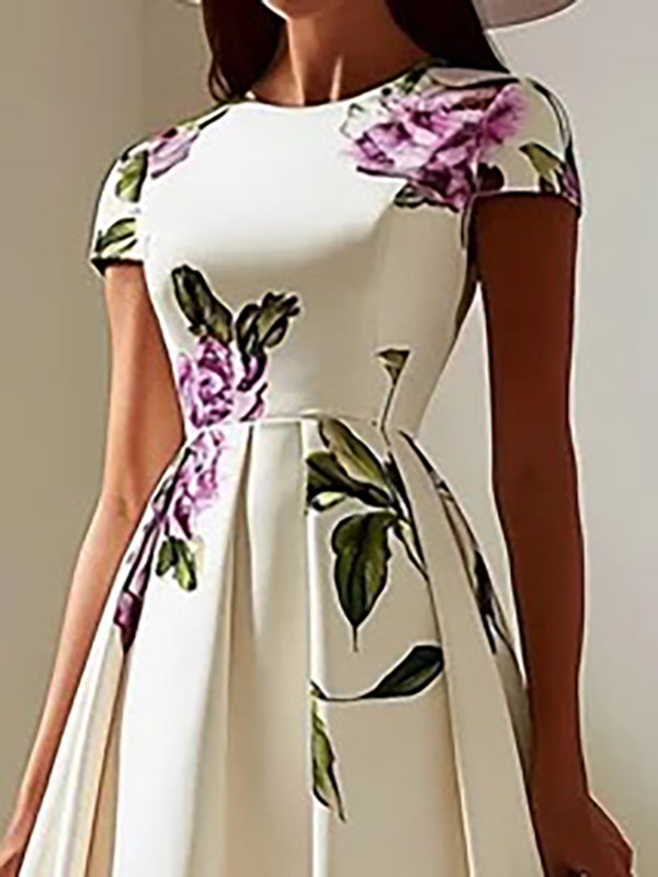 A-Line High Waisted Flower Print Pleated Round-Neck Midi Dresses