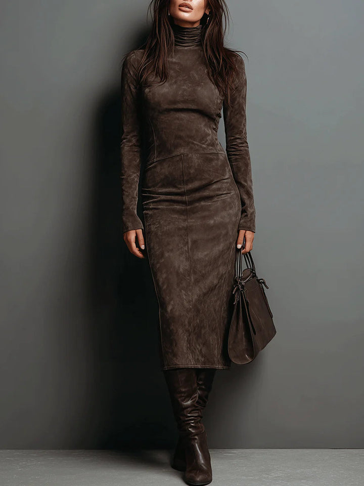 Valerie | High-Neck Long-Sleeve Midi Dress in Suede Finish