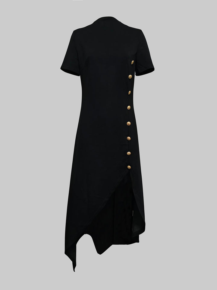 High-low Short Sleeves Buttoned Solid Color Round-neck Maxi Dresses