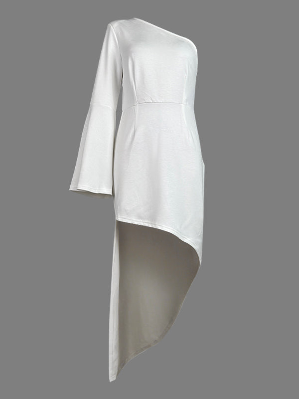 Asymmetric One-Shoulder Maxi Dress with High-Low Hem and Long Sleeves