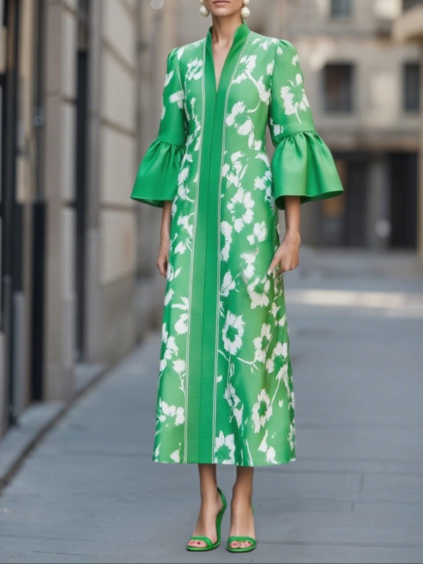 Flared Sleeves Loose Flower Print Pleated Pockets Split-Side V-Neck Maxi Dresses