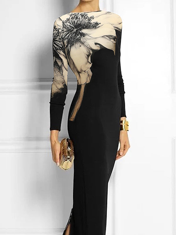 Floral Print Boat Neck Maxi Dress with Long Sleeves